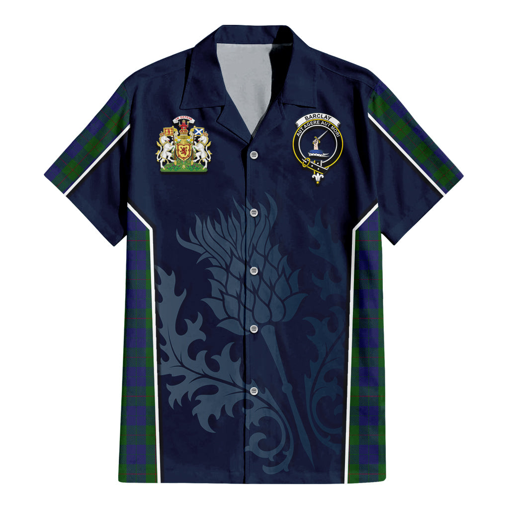 Tartan Vibes Clothing Barclay Tartan Short Sleeve Button Up Shirt with Family Crest and Scottish Thistle Vibes Sport Style