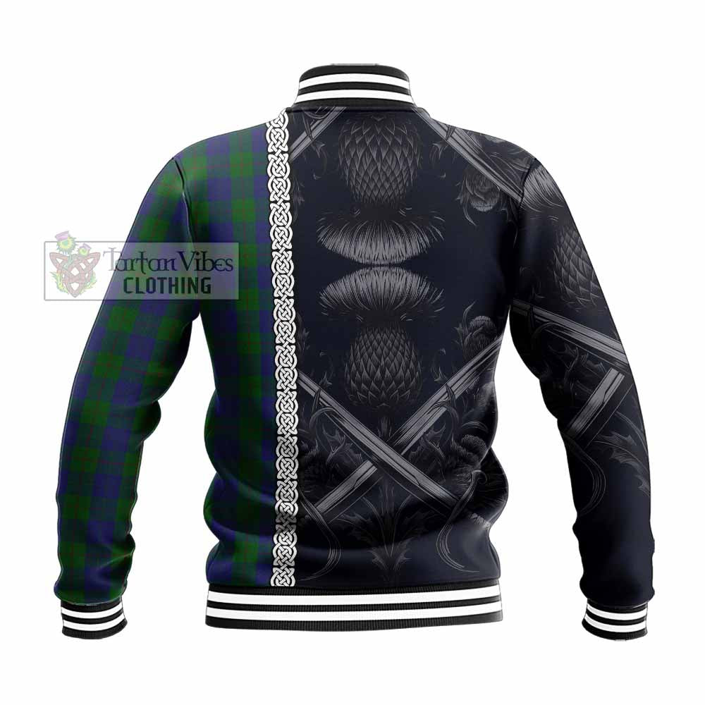 Tartan Vibes Clothing Barclay Tartan Baseball Jacket with Family Crest Cross Sword Thistle Celtic Vibes