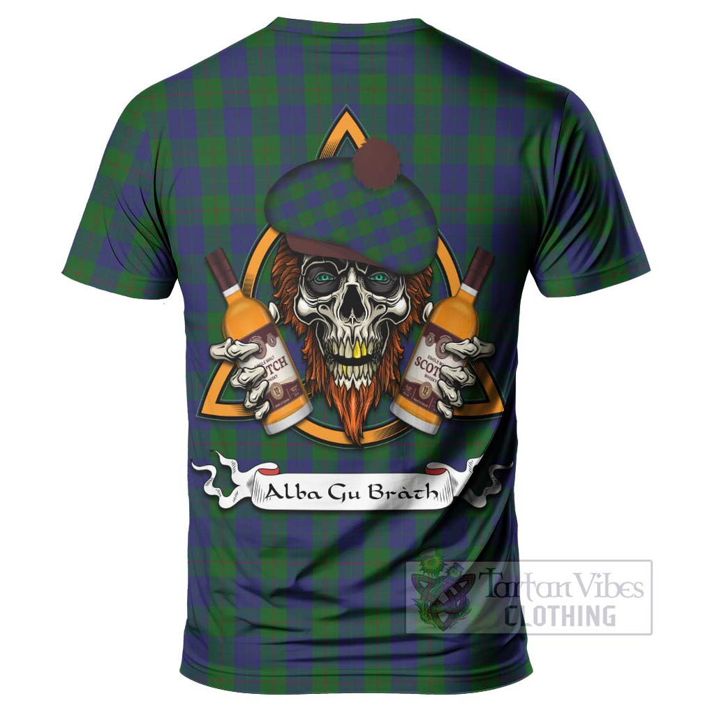 Tartan Vibes Clothing Barclay Tartan T-Shirt with Family Crest and Bearded Skull Holding Bottles of Whiskey