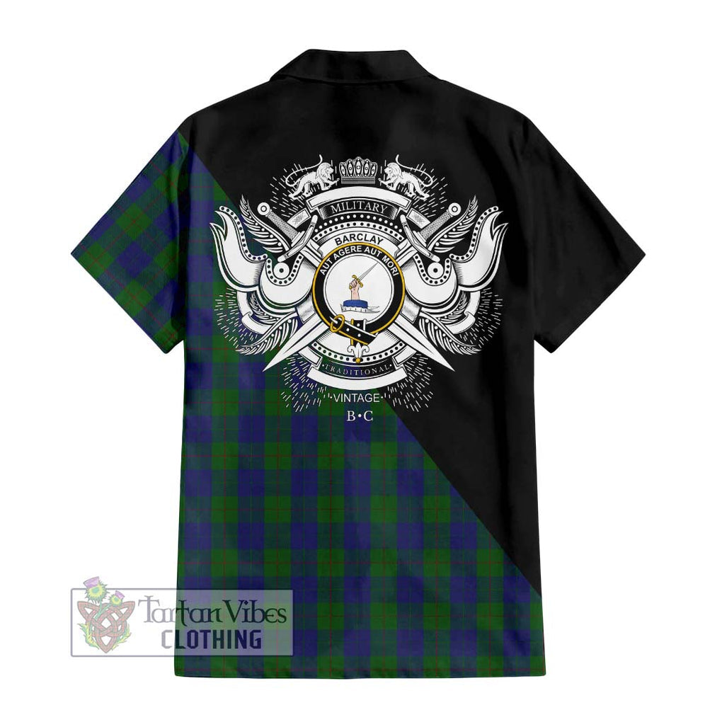 Barclay Tartan Short Sleeve Button Shirt with Family Crest and Military Logo Style - Tartanvibesclothing Shop