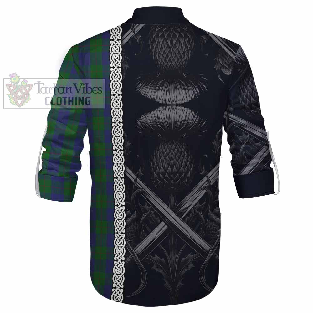 Tartan Vibes Clothing Barclay Tartan Ghillie Kilt Shirt with Family Crest Cross Sword Thistle Celtic Vibes