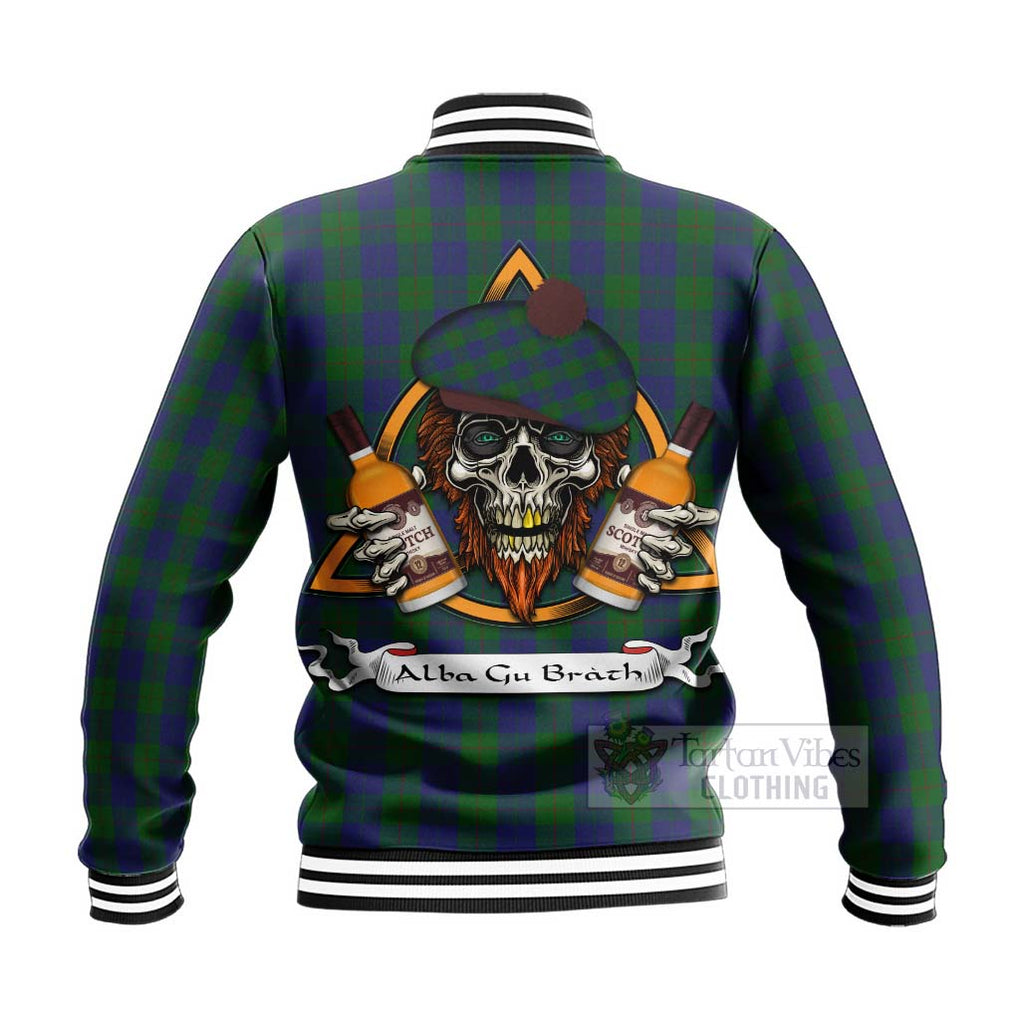 Tartan Vibes Clothing Barclay Tartan Baseball Jacket with Family Crest and Bearded Skull Holding Bottles of Whiskey