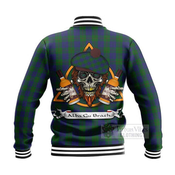 Barclay Tartan Baseball Jacket with Family Crest and Bearded Skull Holding Bottles of Whiskey