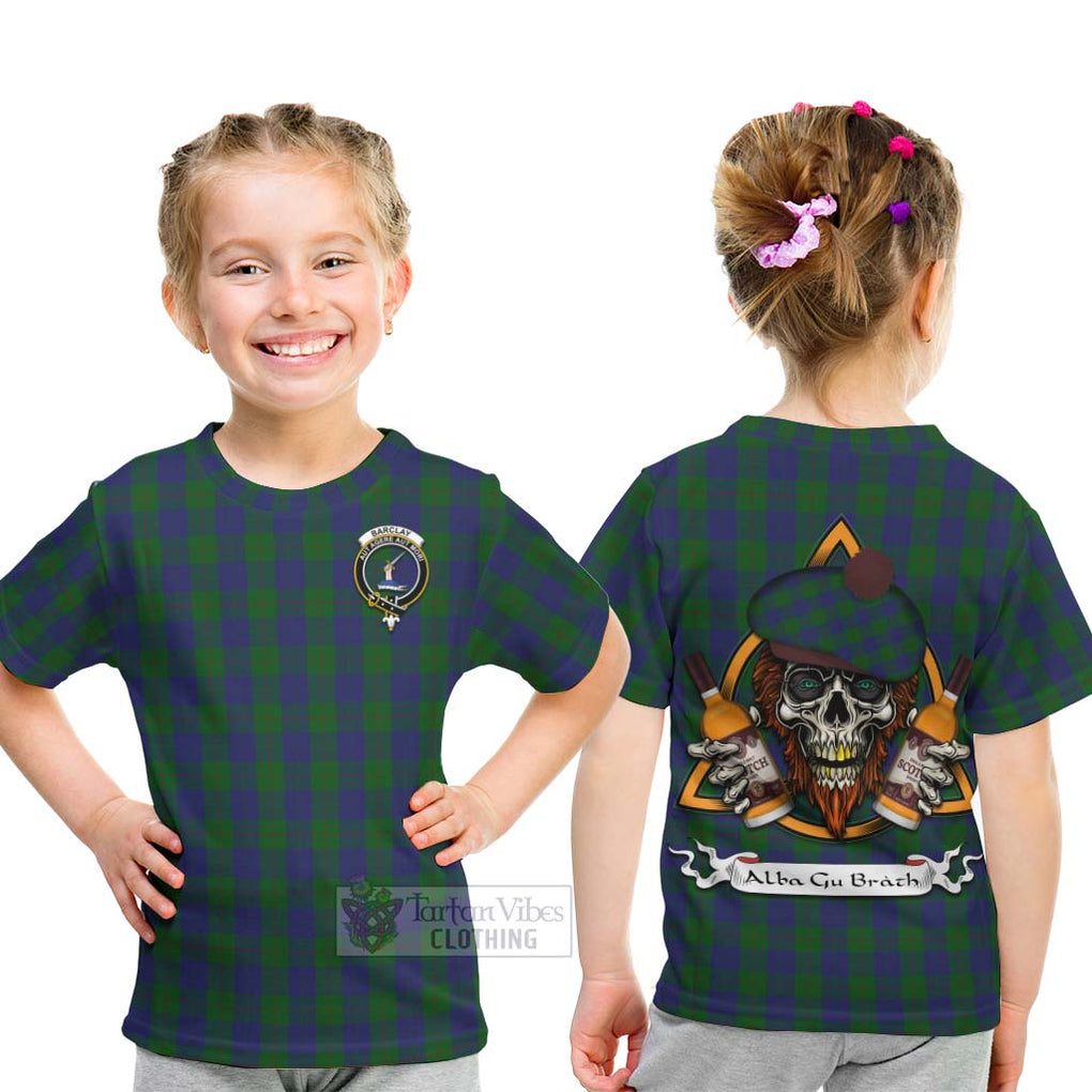 Tartan Vibes Clothing Barclay Tartan Kid T-Shirt with Family Crest and Bearded Skull Holding Bottles of Whiskey