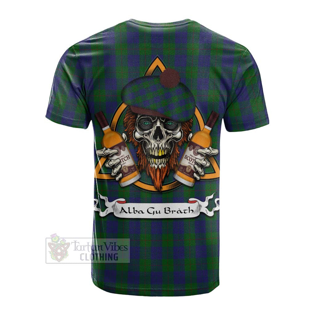 Tartan Vibes Clothing Barclay Tartan Cotton T-shirt with Family Crest and Bearded Skull Holding Bottles of Whiskey