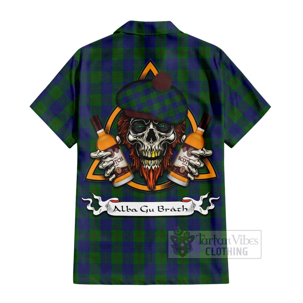 Tartan Vibes Clothing Barclay Tartan Short Sleeve Button Shirt with Family Crest and Bearded Skull Holding Bottles of Whiskey