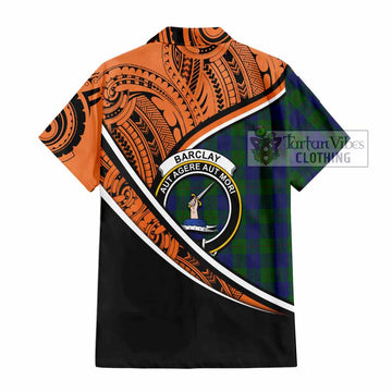 Barclay Crest Tartan Short Sleeve Button Shirt with Polynesian Vibes Style - Orange Version