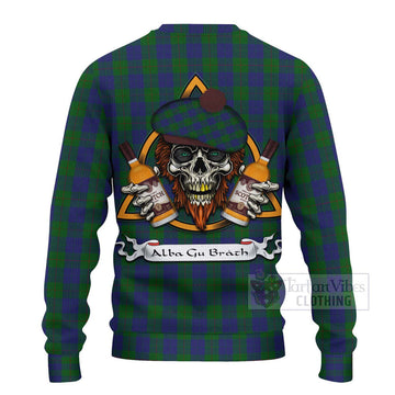 Barclay Tartan Ugly Sweater with Family Crest and Bearded Skull Holding Bottles of Whiskey