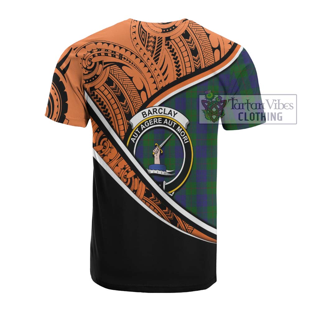 Tartan Vibes Clothing Barclay Crest Tartan Cotton T-shirt with Maori Tattoo Style - Orange Version