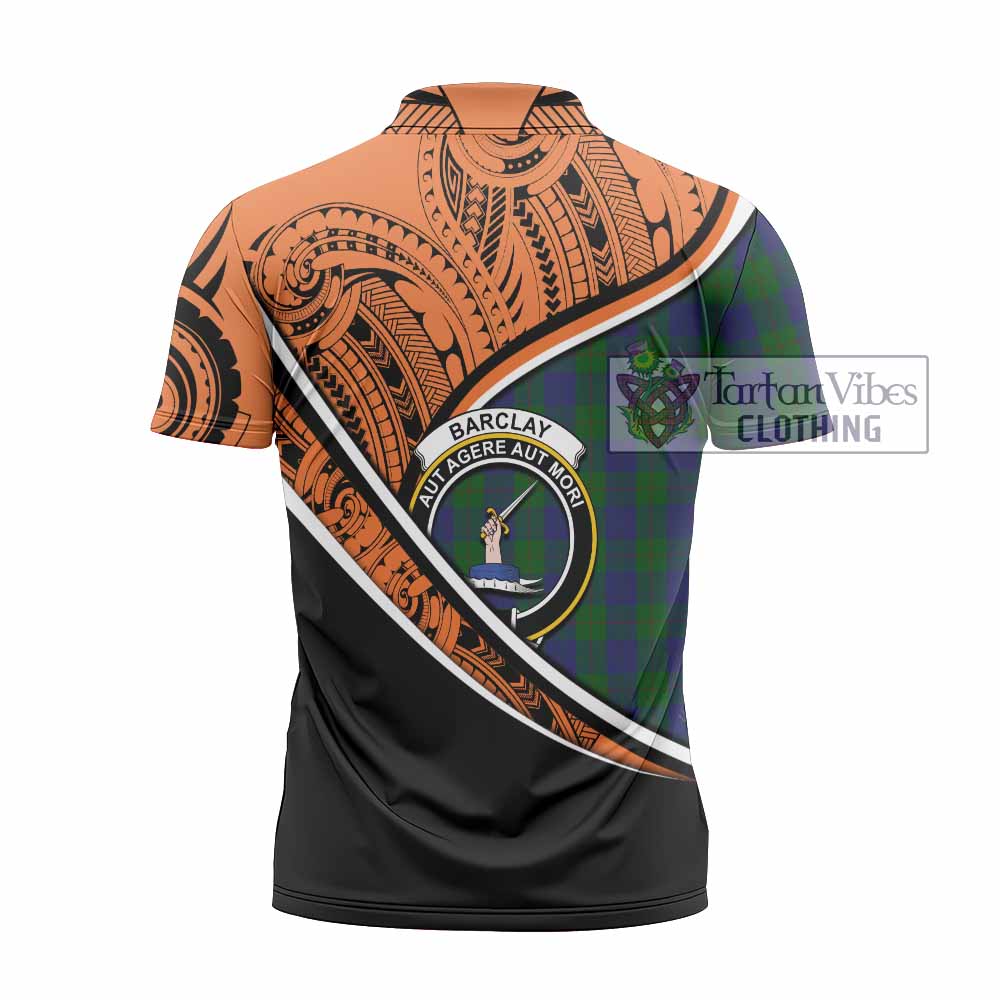 Tartan Vibes Clothing Barclay Crest Tartan Zipper Polo Shirt with Maori Tattoo Style - Orange Version