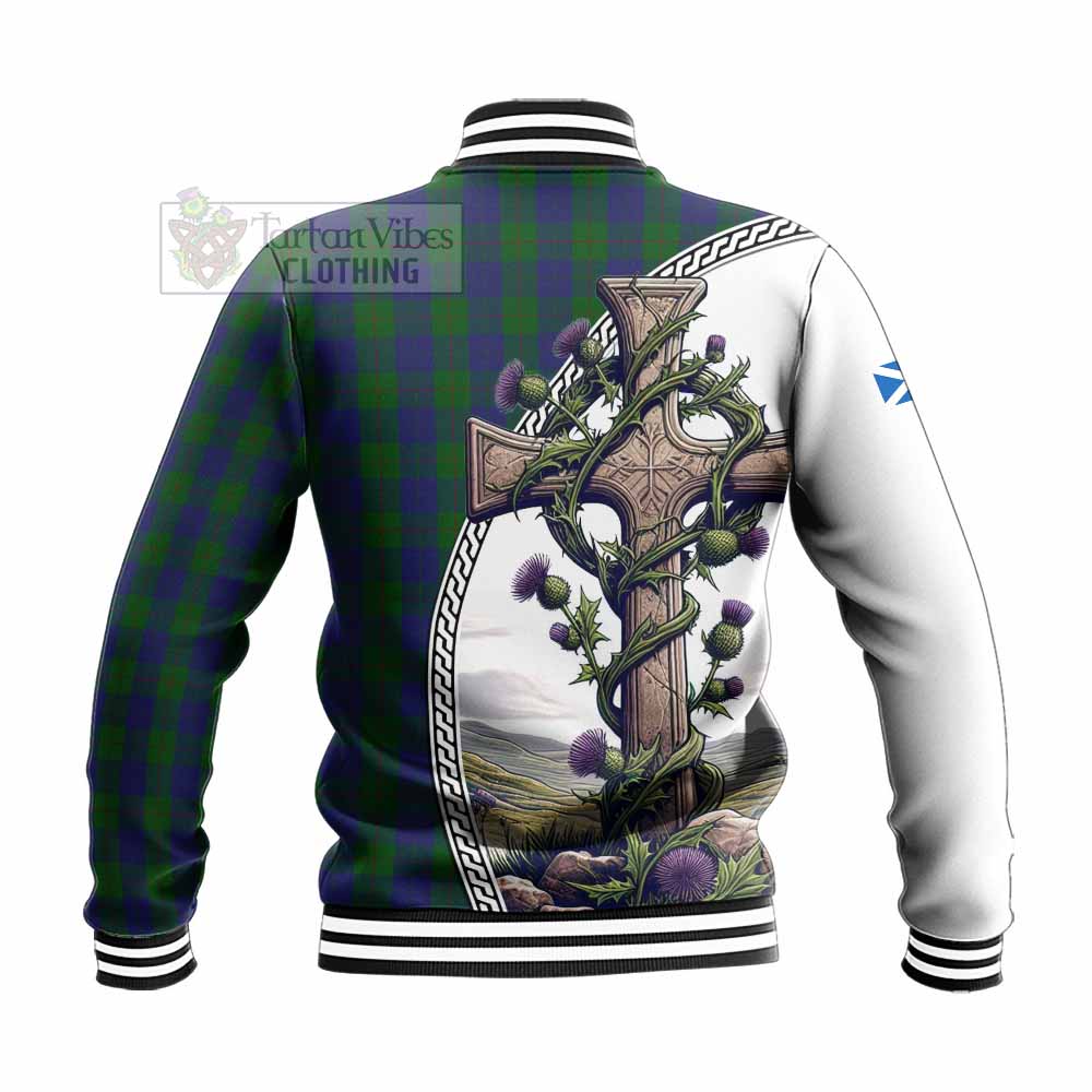 Tartan Vibes Clothing Barclay Tartan Baseball Jacket with Family Crest and St. Andrew's Cross Accented by Thistle Vines