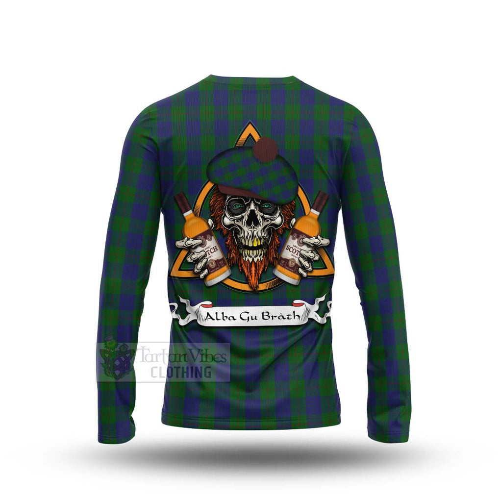 Tartan Vibes Clothing Barclay Tartan Long Sleeve T-Shirt with Family Crest and Bearded Skull Holding Bottles of Whiskey