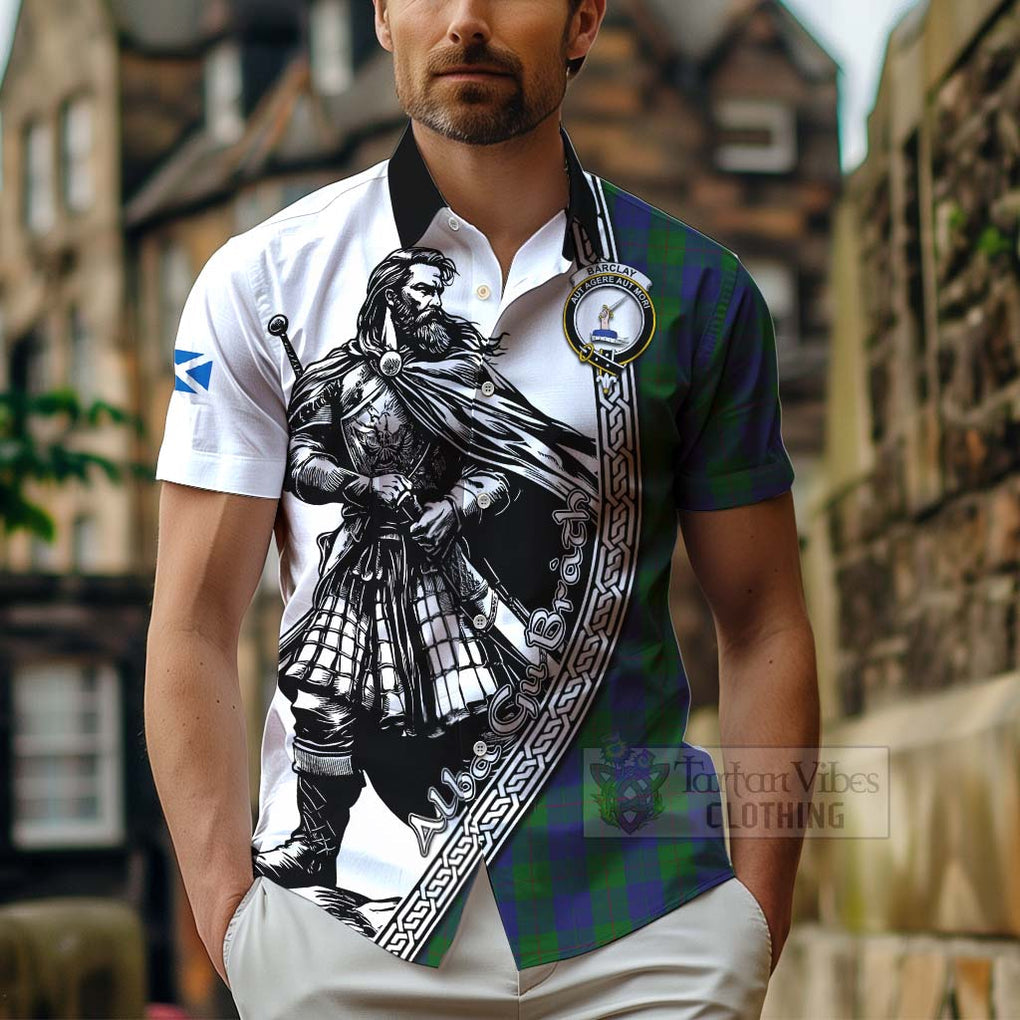 Tartan Vibes Clothing Barclay Tartan Clan Crest Short Sleeve Button Shirt with Highlander Warrior Celtic Style