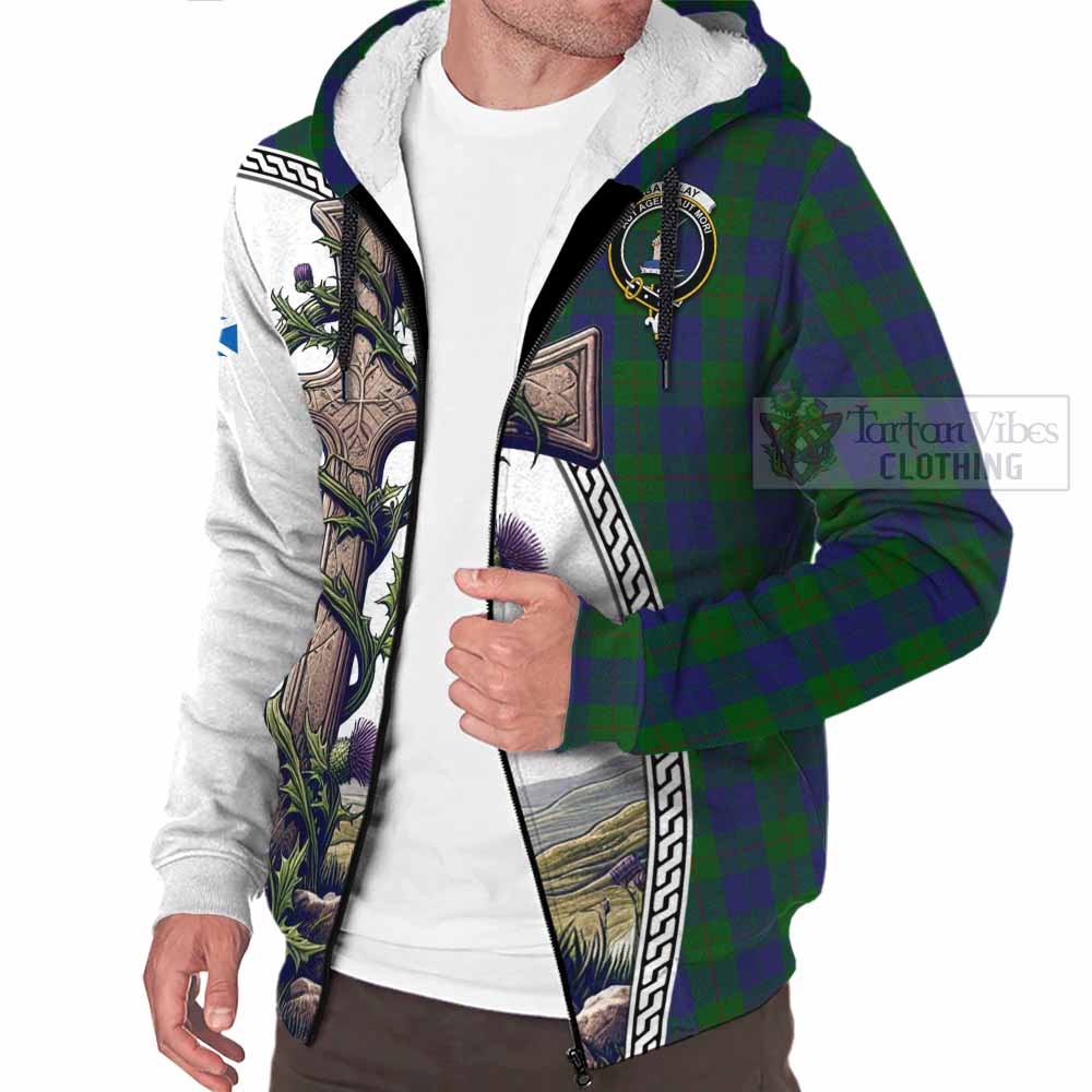 Tartan Vibes Clothing Barclay Tartan Sherpa Hoodie with Family Crest and St. Andrew's Cross Accented by Thistle Vines