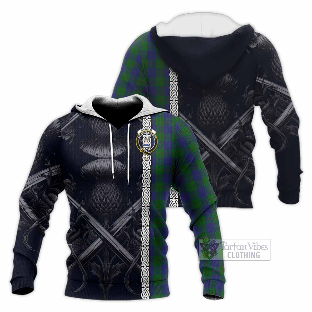 Tartan Vibes Clothing Barclay Tartan Knitted Hoodie with Family Crest Cross Sword Thistle Celtic Vibes