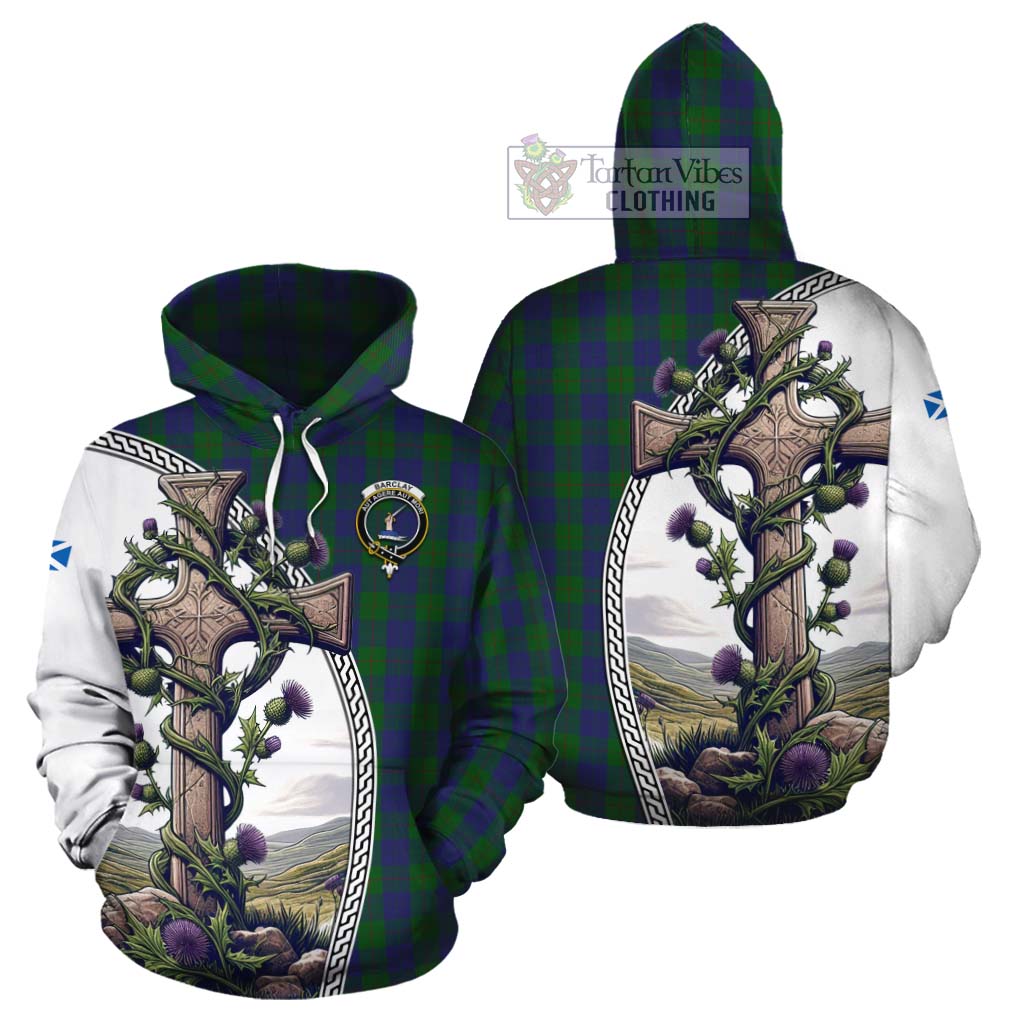 Tartan Vibes Clothing Barclay Tartan Cotton Hoodie with Family Crest and St. Andrew's Cross Accented by Thistle Vines