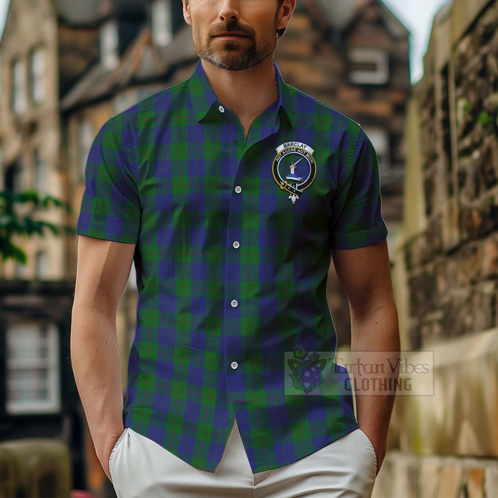 Tartan Vibes Clothing Barclay Tartan Short Sleeve Button Shirt with Family Crest Celtic Skull Style