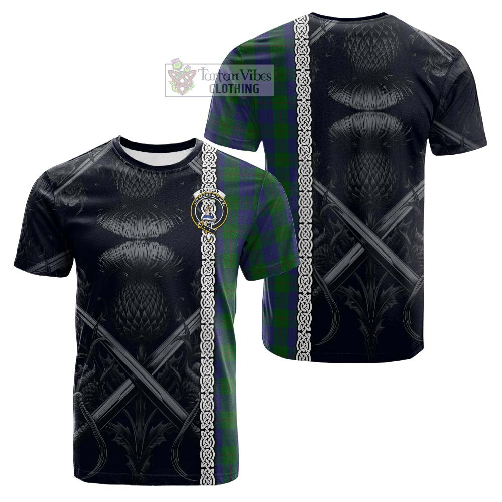 Tartan Vibes Clothing Barclay Tartan Cotton T-shirt with Family Crest Cross Sword Thistle Celtic Vibes