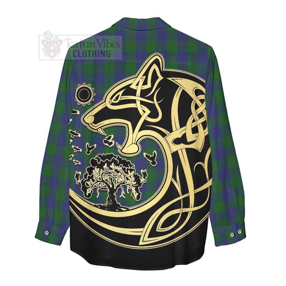 Tartan Vibes Clothing Barclay Tartan Women's Casual Shirt with Family Crest Celtic Wolf Style