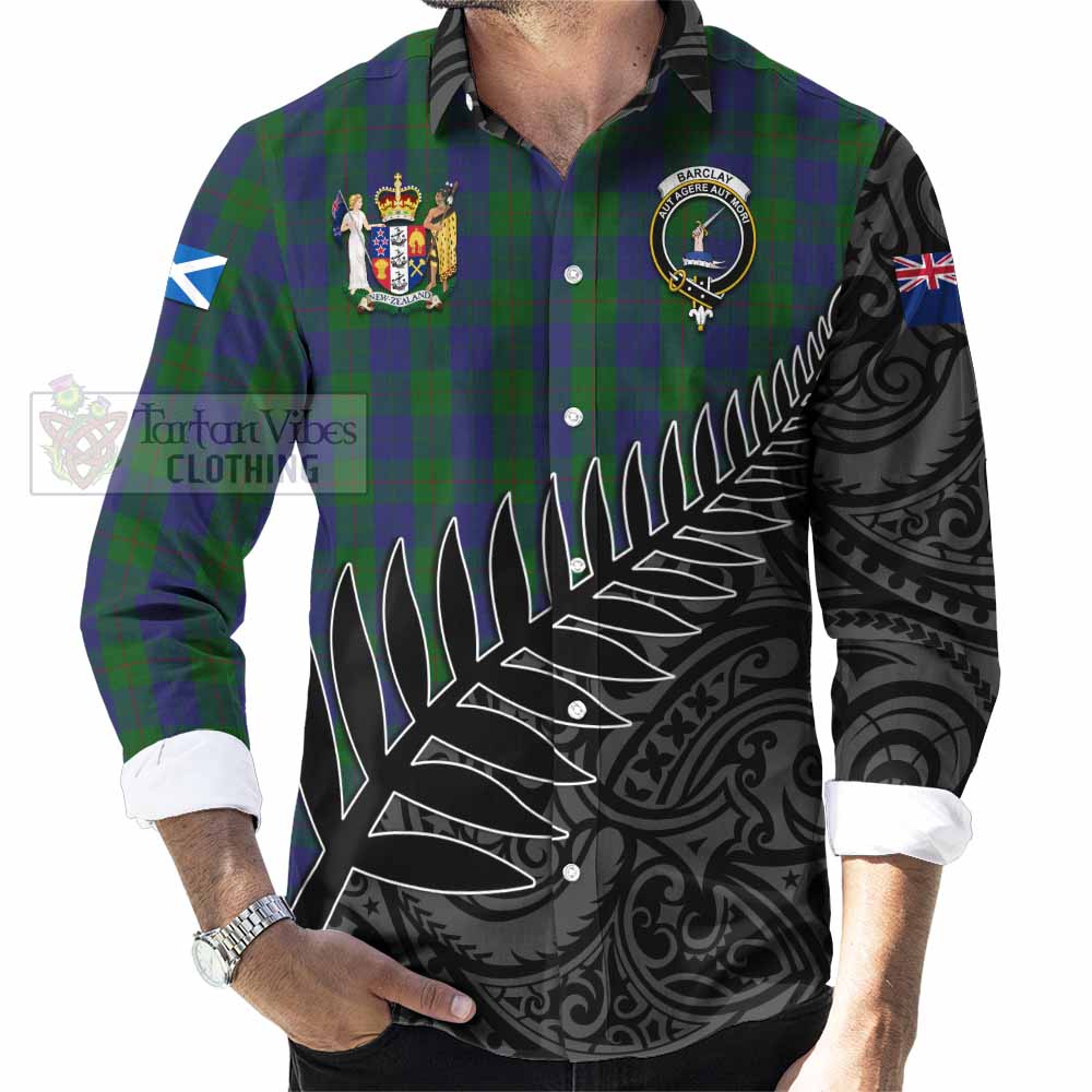 Tartan Vibes Clothing Barclay Crest Tartan Long Sleeve Button Shirt with New Zealand Silver Fern Half Style