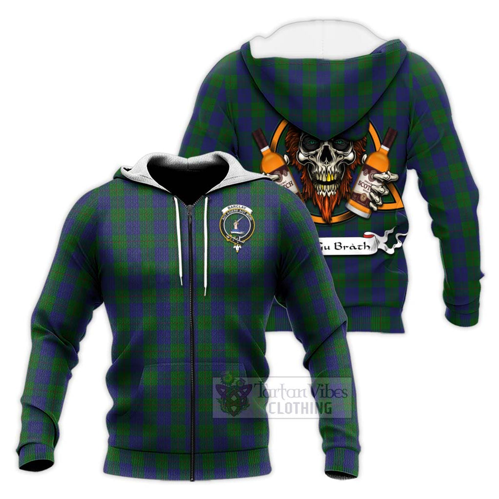 Tartan Vibes Clothing Barclay Tartan Knitted Hoodie with Family Crest and Bearded Skull Holding Bottles of Whiskey