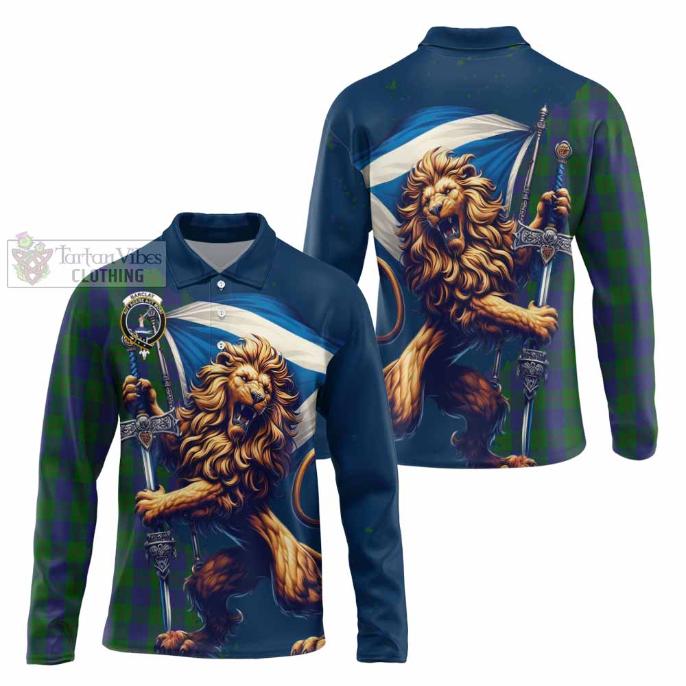 Tartan Vibes Clothing Barclay Tartan Family Crest Long Sleeve Polo Shirt with Scottish Majestic Lion