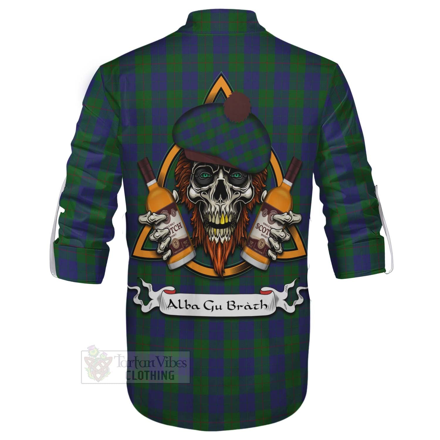 Tartan Vibes Clothing Barclay Tartan Ghillie Kilt Shirt with Family Crest and Bearded Skull Holding Bottles of Whiskey