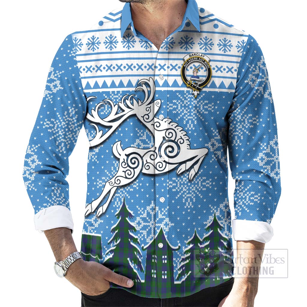 Tartan Vibes Clothing Barclay Clan Christmas Long Sleeve Button Shirt Celtic Reindeer Style