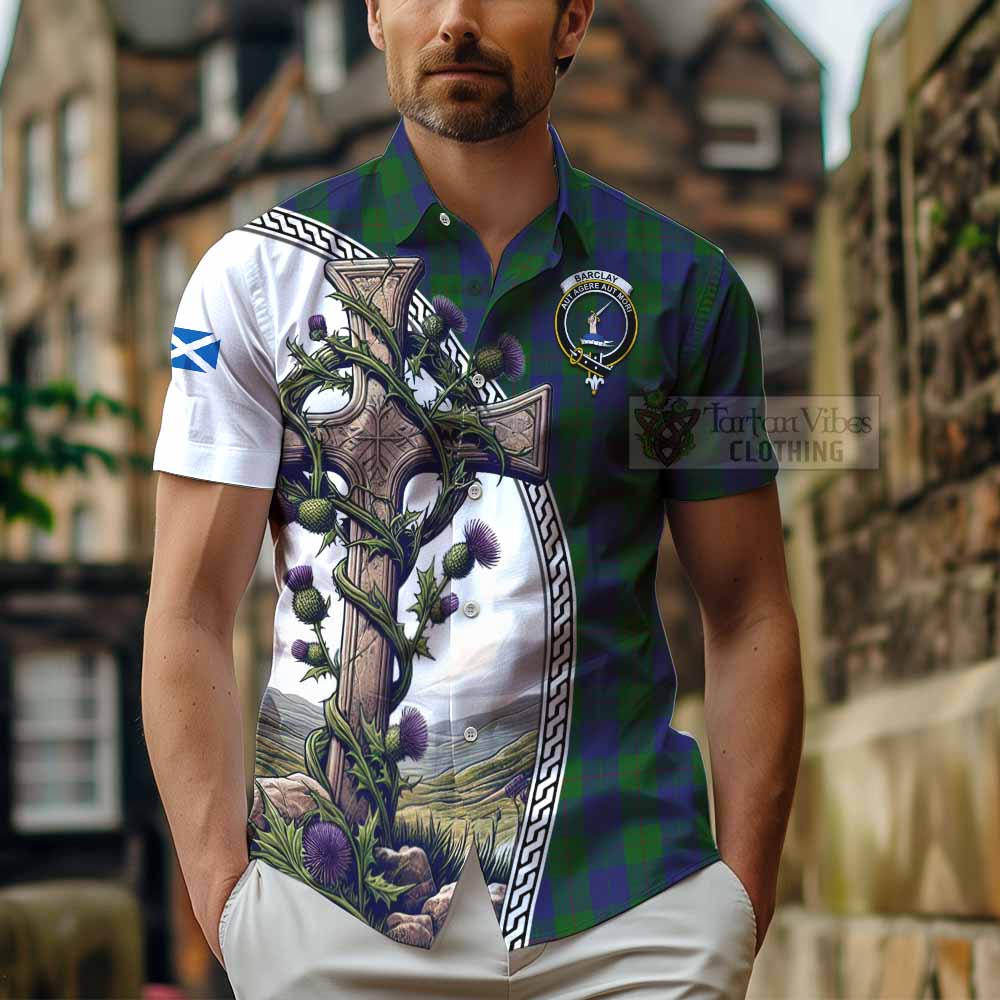 Tartan Vibes Clothing Barclay Tartan Short Sleeve Button Shirt with Family Crest and St. Andrew's Cross Accented by Thistle Vines