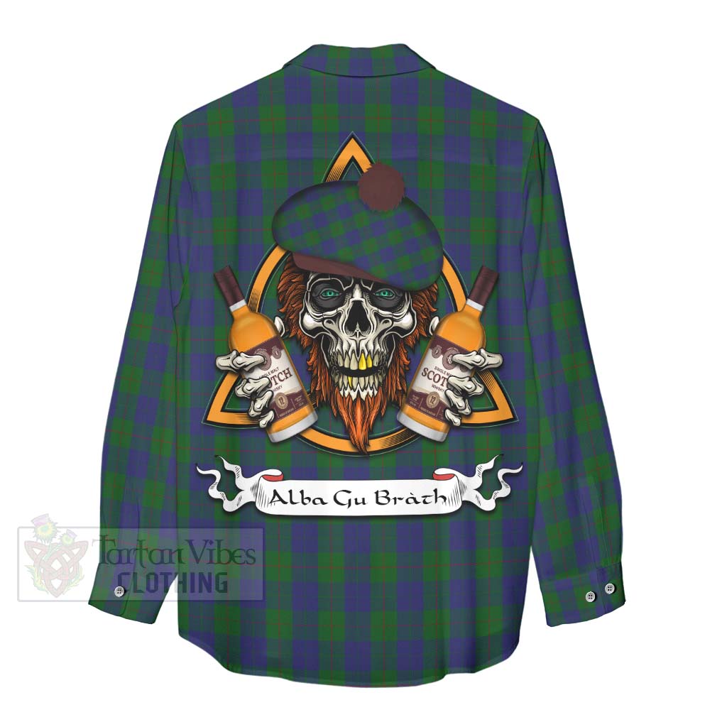 Tartan Vibes Clothing Barclay Tartan Women's Casual Shirt with Family Crest and Bearded Skull Holding Bottles of Whiskey