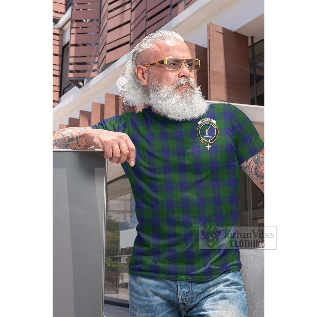 Tartan Vibes Clothing Barclay Tartan Cotton T-shirt with Family Crest and Bearded Skull Holding Bottles of Whiskey