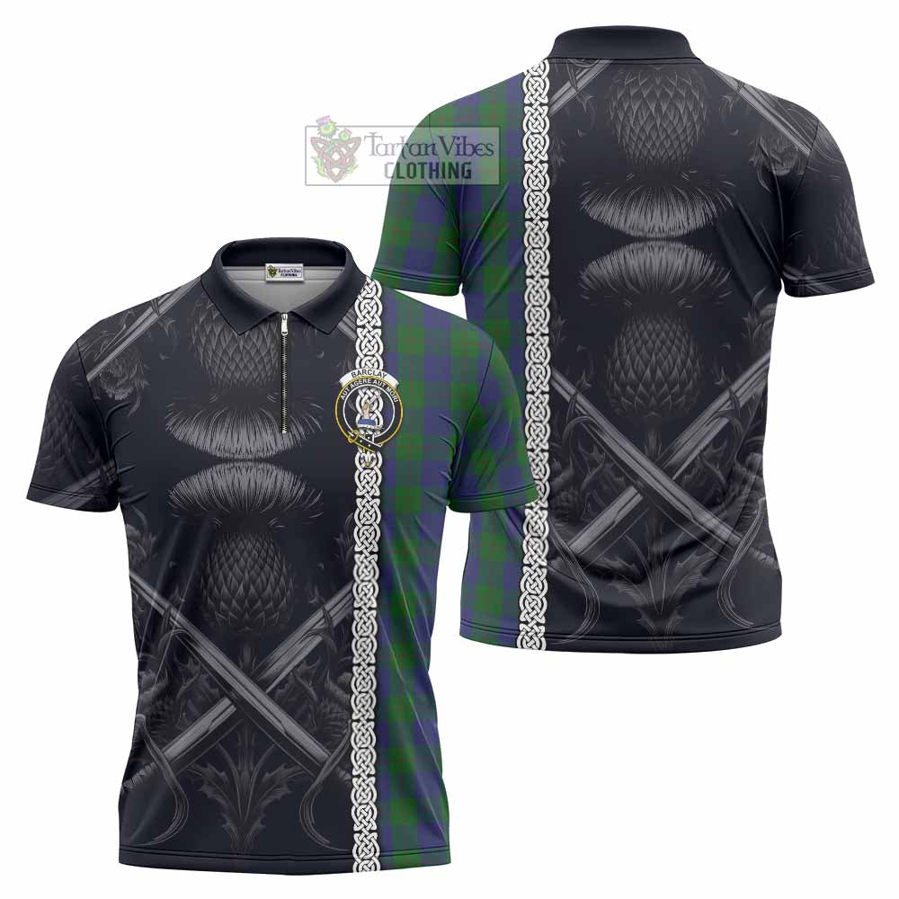 Tartan Vibes Clothing Barclay Tartan Zipper Polo Shirt with Family Crest Cross Sword Thistle Celtic Vibes