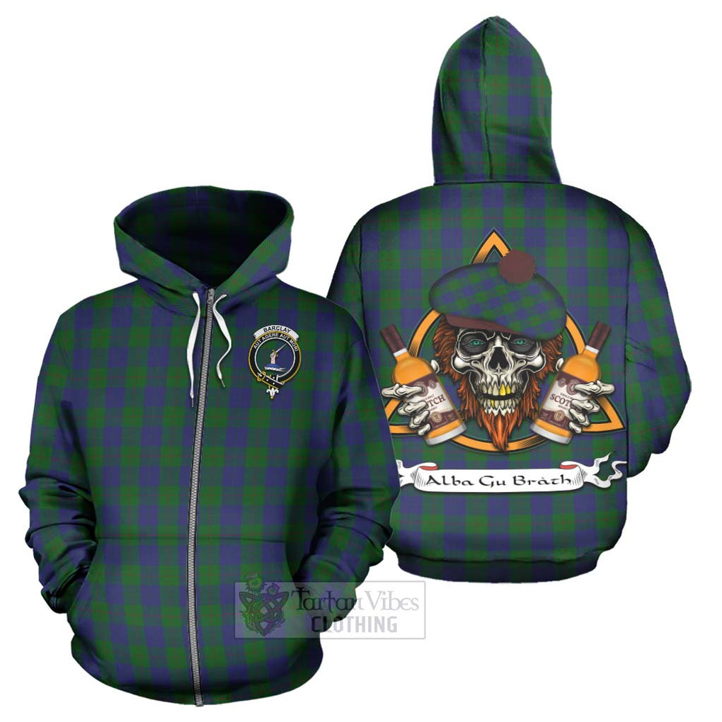 Tartan Vibes Clothing Barclay Tartan Hoodie with Family Crest and Bearded Skull Holding Bottles of Whiskey