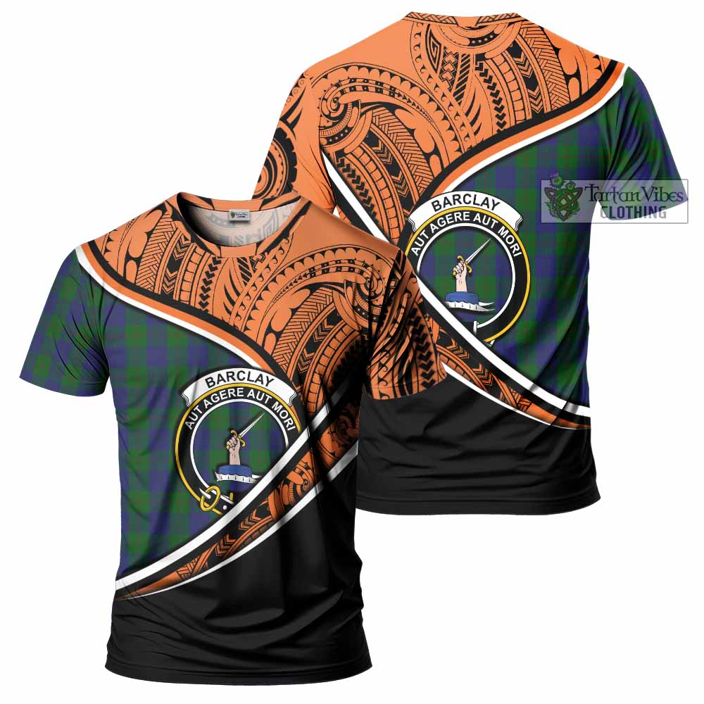 Tartan Vibes Clothing Barclay Crest Tartan T-Shirt with Maori Tattoo Style - Orange Version