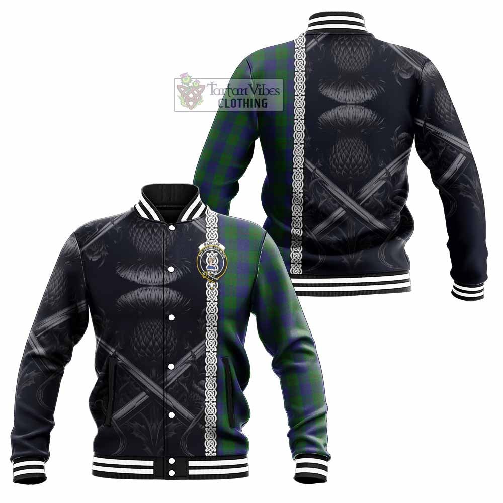 Tartan Vibes Clothing Barclay Tartan Baseball Jacket with Family Crest Cross Sword Thistle Celtic Vibes