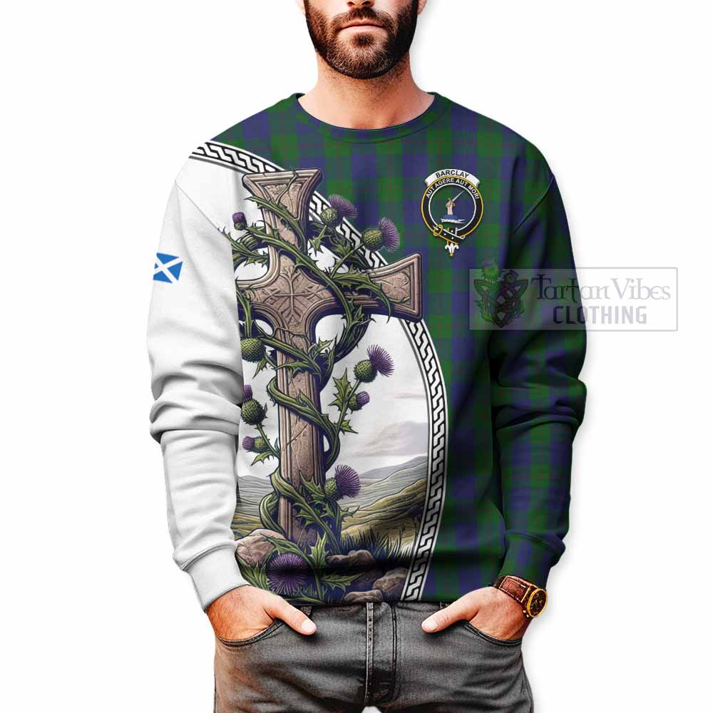 Tartan Vibes Clothing Barclay Tartan Sweatshirt with Family Crest and St. Andrew's Cross Accented by Thistle Vines