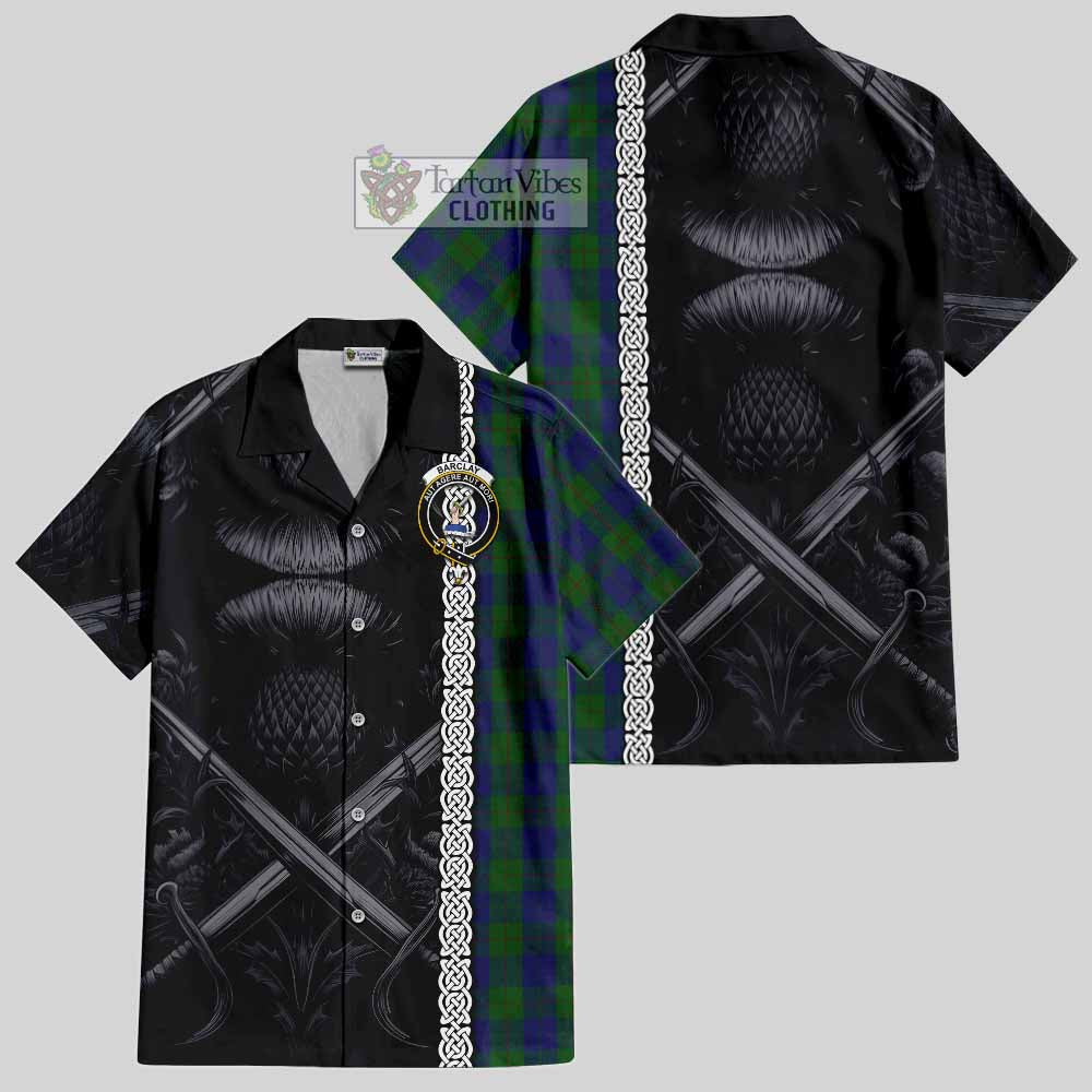 Tartan Vibes Clothing Barclay Tartan Short Sleeve Button Shirt with Family Crest Cross Sword Thistle Celtic Vibes