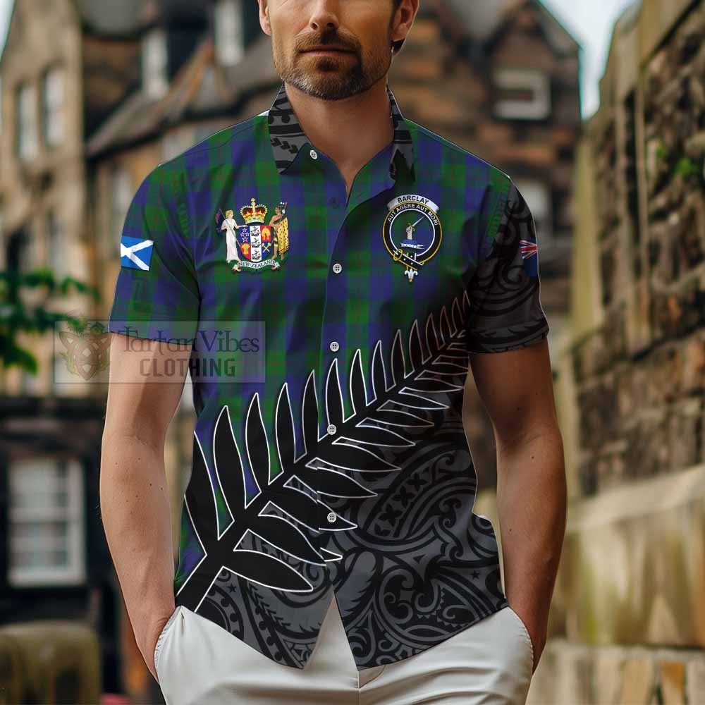 Tartan Vibes Clothing Barclay Crest Tartan Short Sleeve Button Shirt with New Zealand Silver Fern Half Style