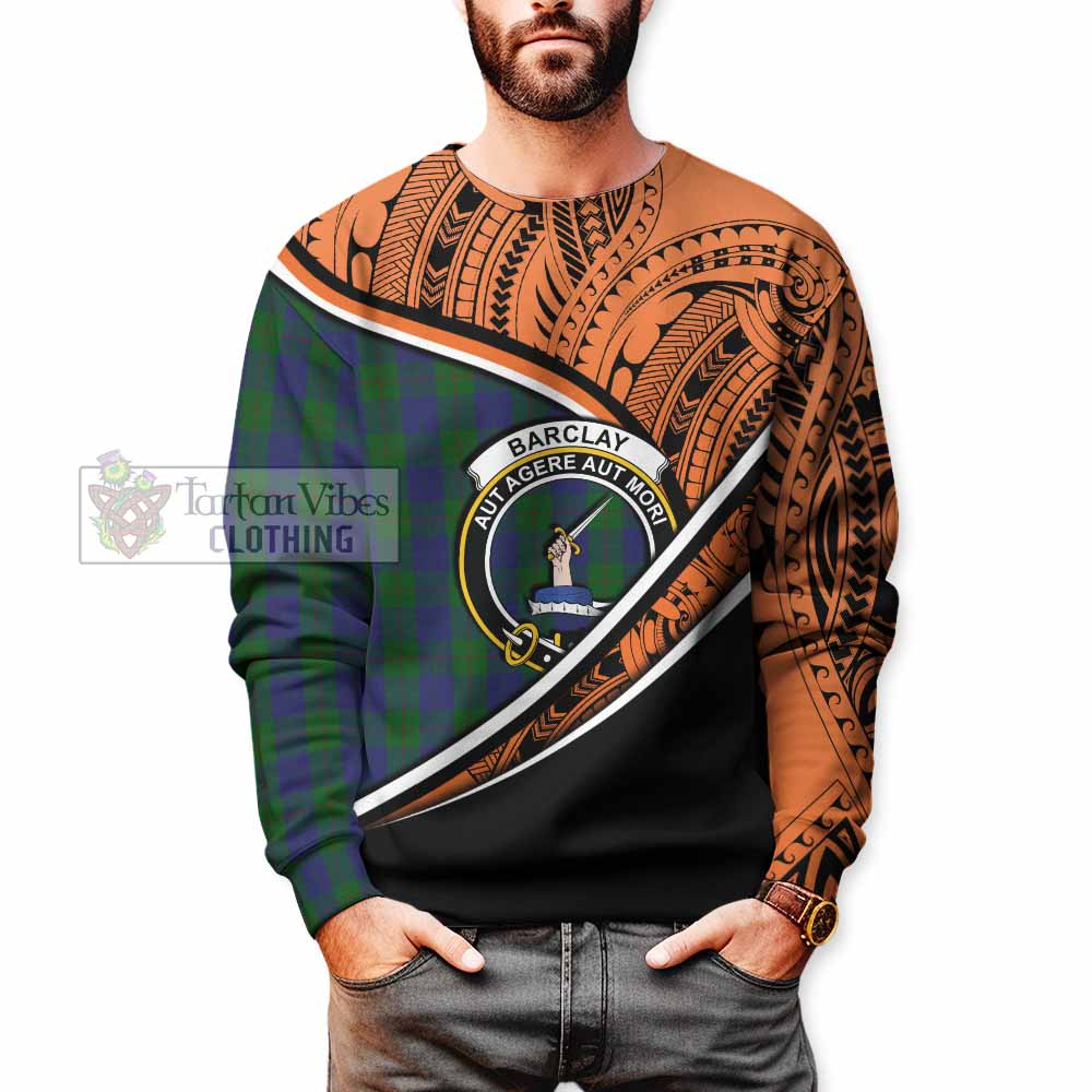 Tartan Vibes Clothing Barclay Crest Tartan Sweatshirt with Maori Tattoo Style - Orange Version