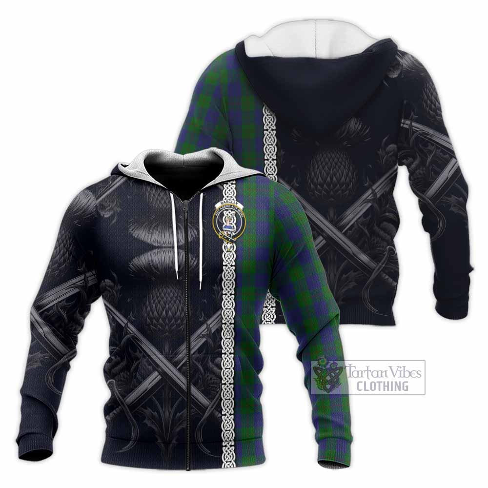 Tartan Vibes Clothing Barclay Tartan Knitted Hoodie with Family Crest Cross Sword Thistle Celtic Vibes