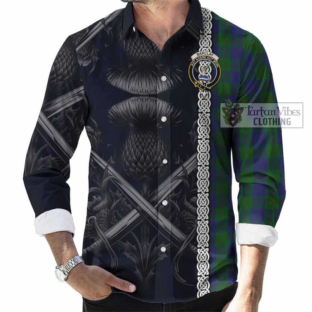 Tartan Vibes Clothing Barclay Tartan Long Sleeve Button Shirt with Family Crest Cross Sword Thistle Celtic Vibes