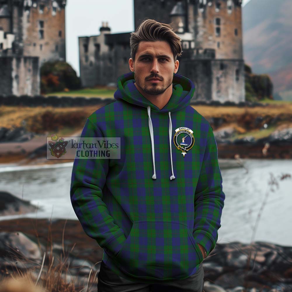 Tartan Vibes Clothing Barclay Tartan Cotton Hoodie with Family Crest and Bearded Skull Holding Bottles of Whiskey