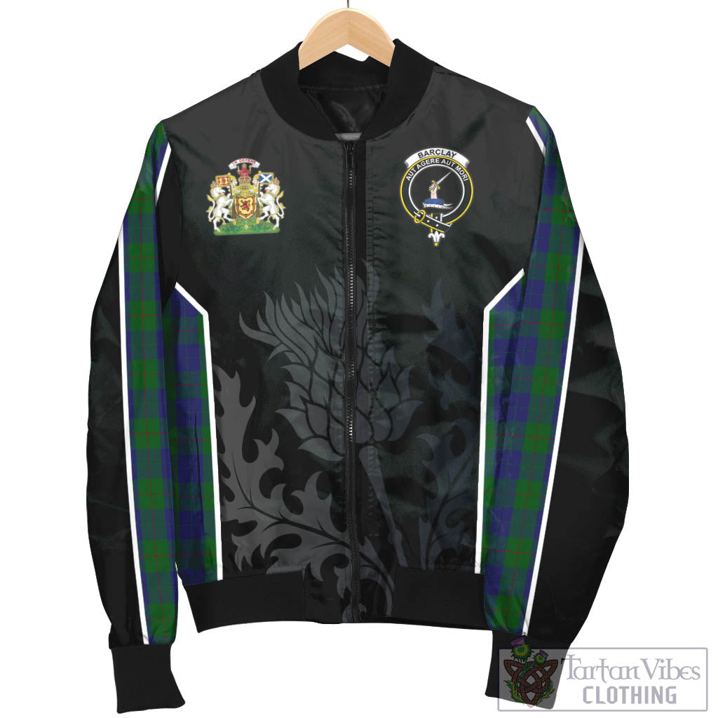 Tartan Vibes Clothing Barclay Tartan Bomber Jacket with Family Crest and Scottish Thistle Vibes Sport Style