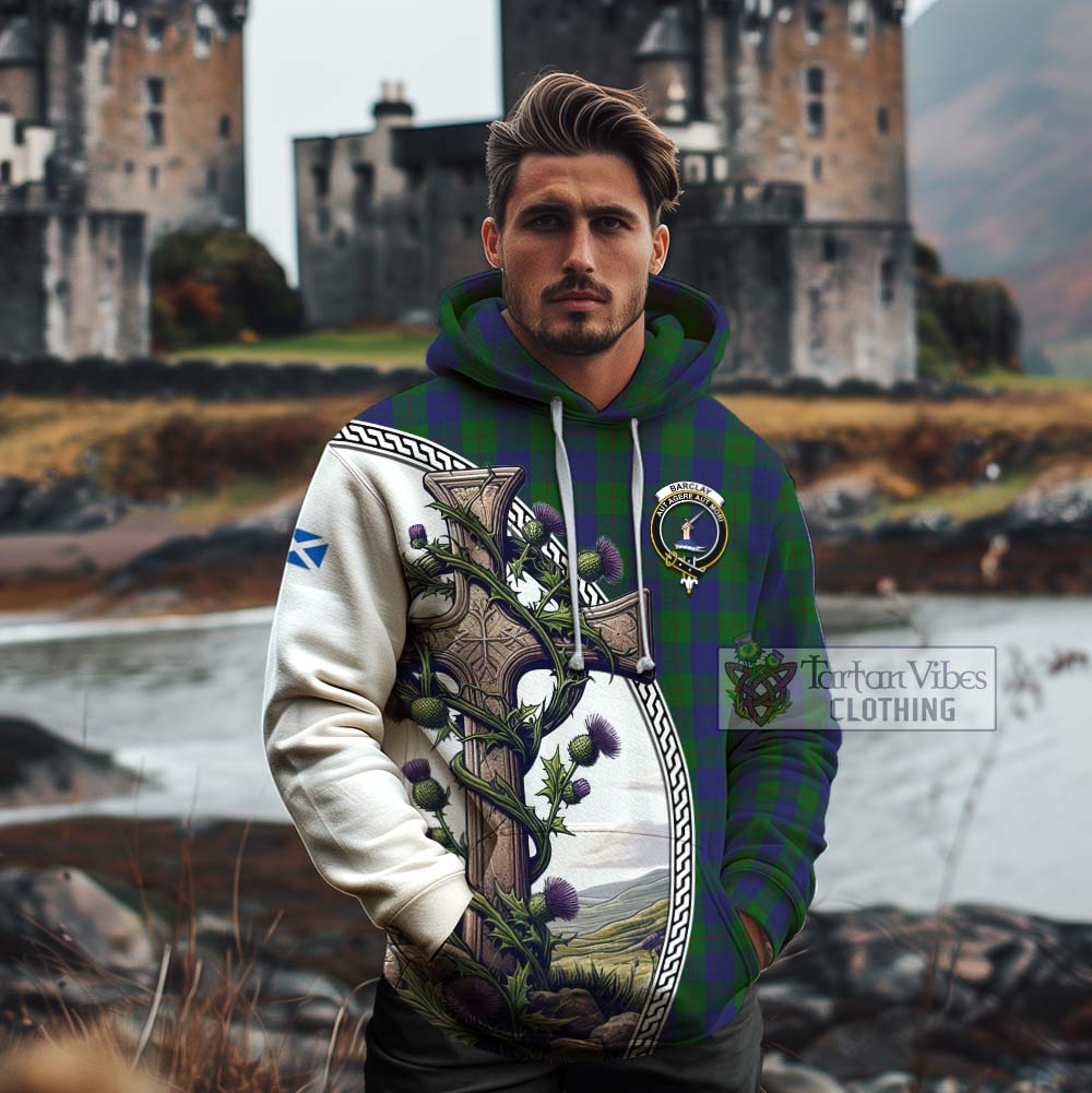 Tartan Vibes Clothing Barclay Tartan Cotton Hoodie with Family Crest and St. Andrew's Cross Accented by Thistle Vines