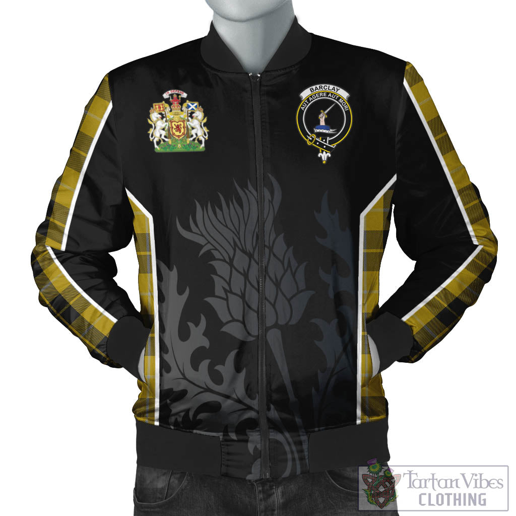 Tartan Vibes Clothing Barclay Dress Tartan Bomber Jacket with Family Crest and Scottish Thistle Vibes Sport Style