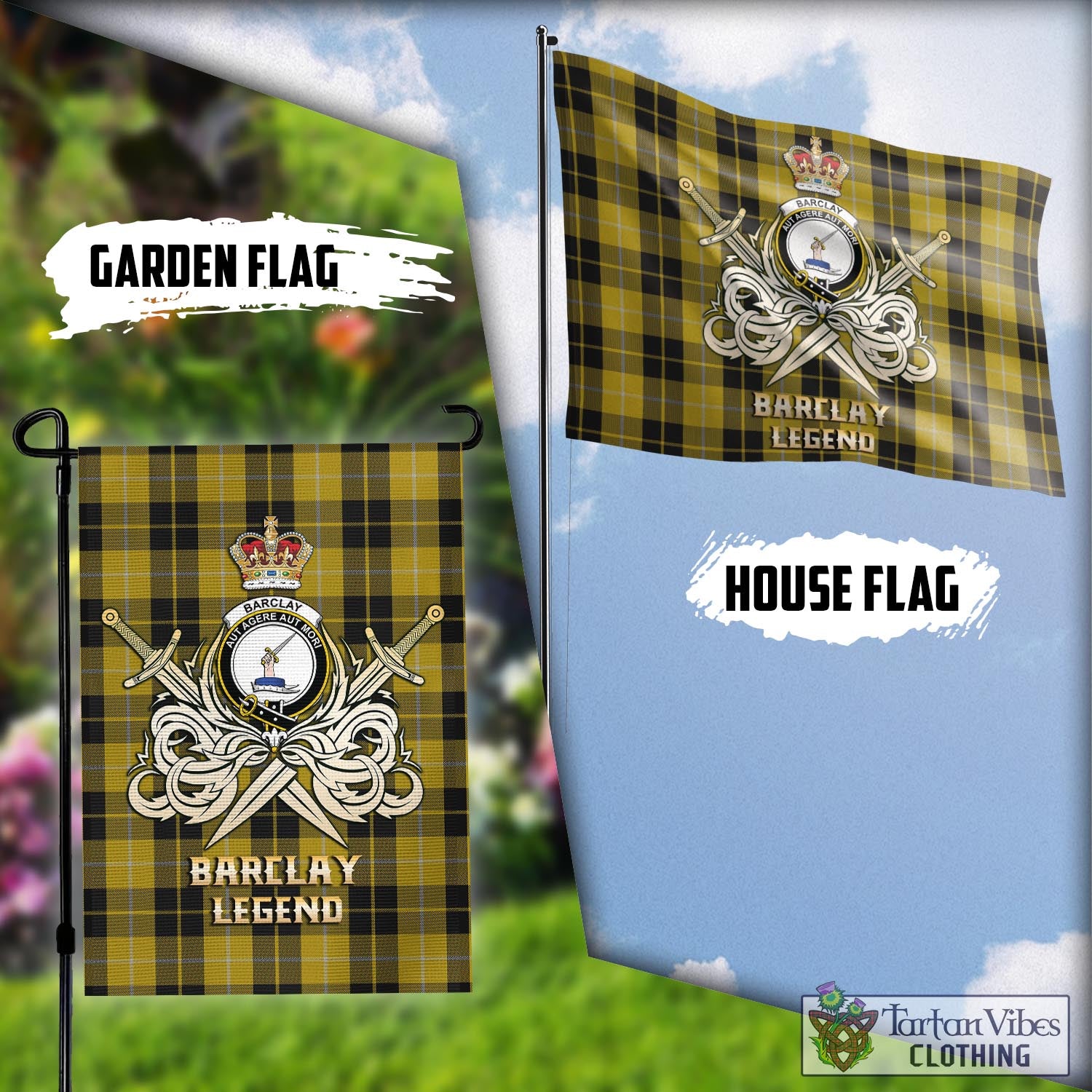 Tartan Vibes Clothing Barclay Dress Tartan Flag with Clan Crest and the Golden Sword of Courageous Legacy