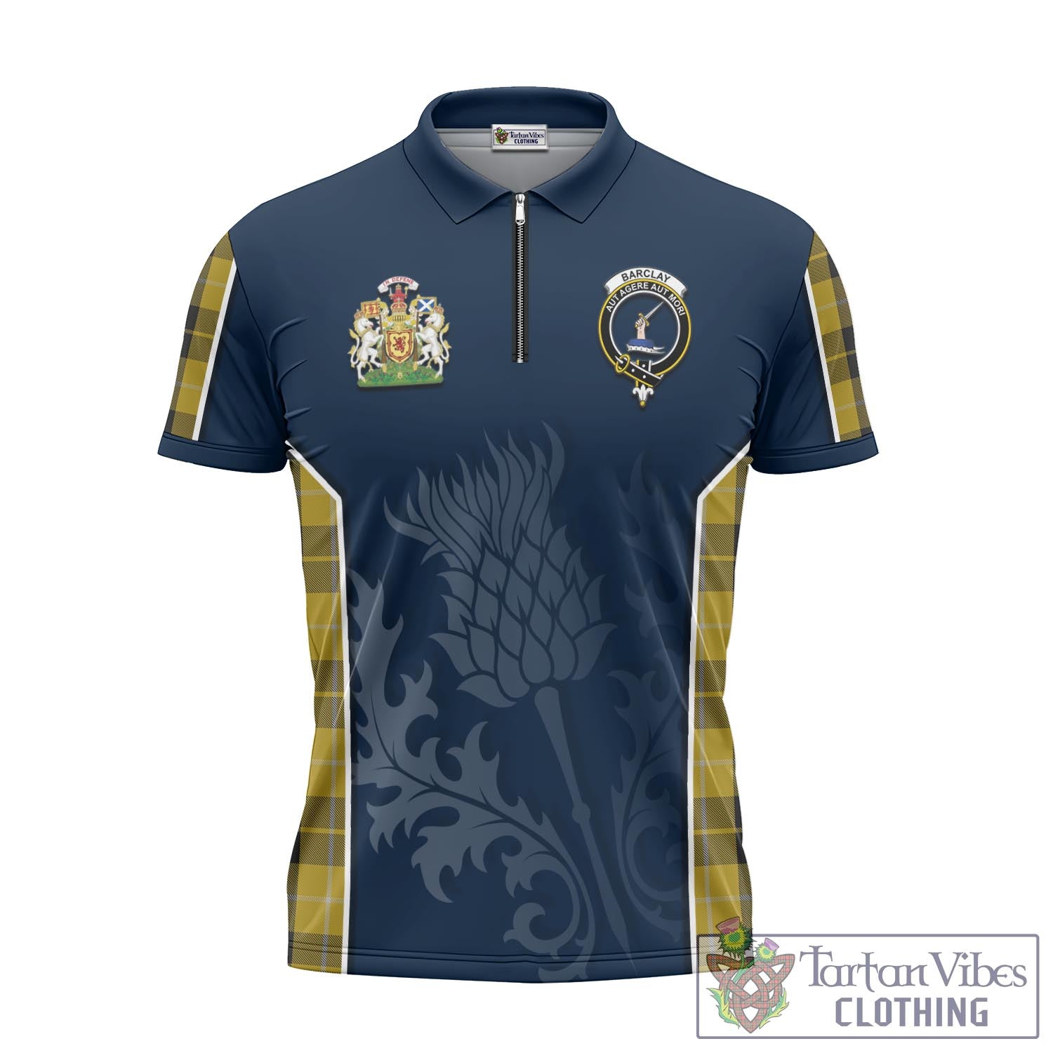 Tartan Vibes Clothing Barclay Dress Tartan Zipper Polo Shirt with Family Crest and Scottish Thistle Vibes Sport Style