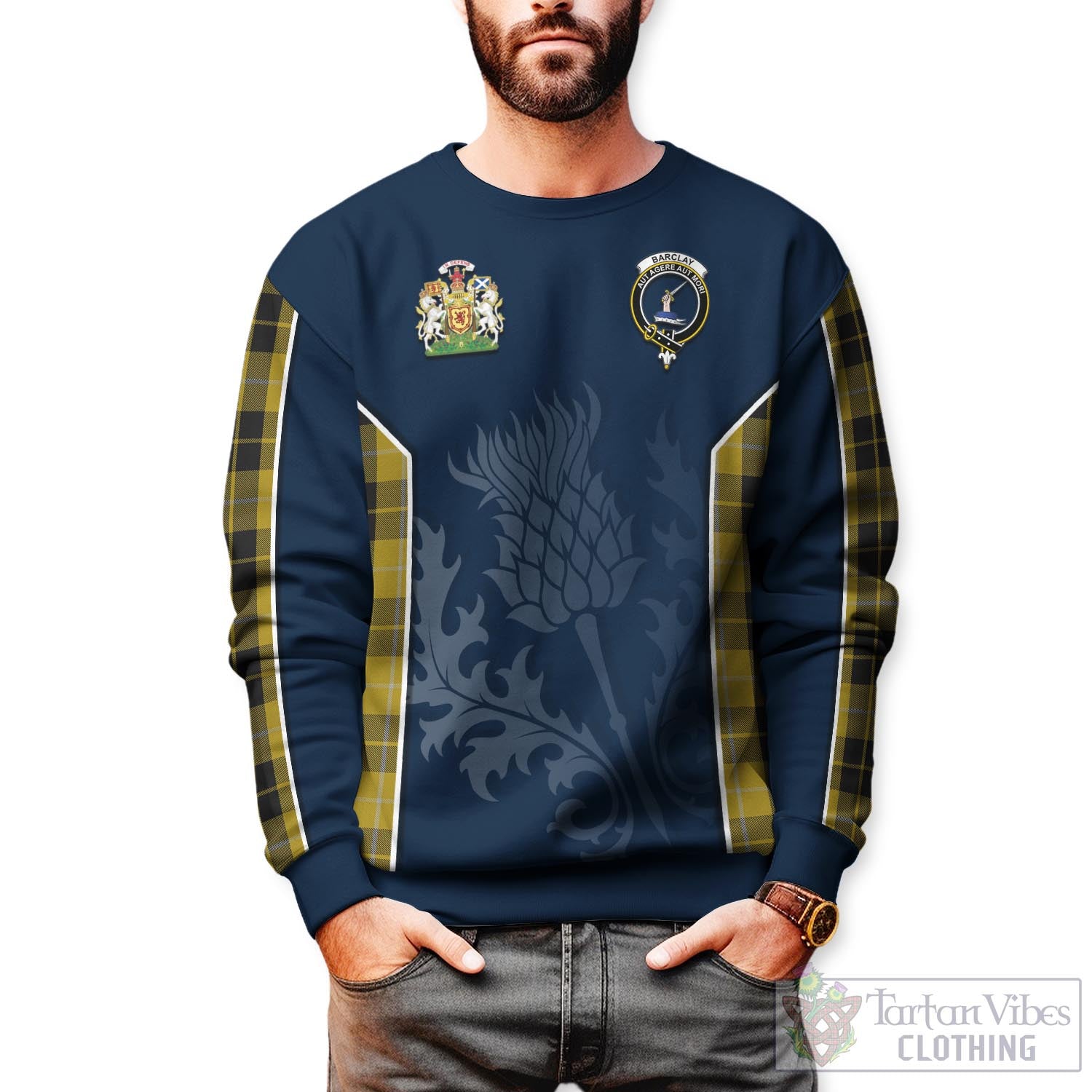 Tartan Vibes Clothing Barclay Dress Tartan Sweatshirt with Family Crest and Scottish Thistle Vibes Sport Style