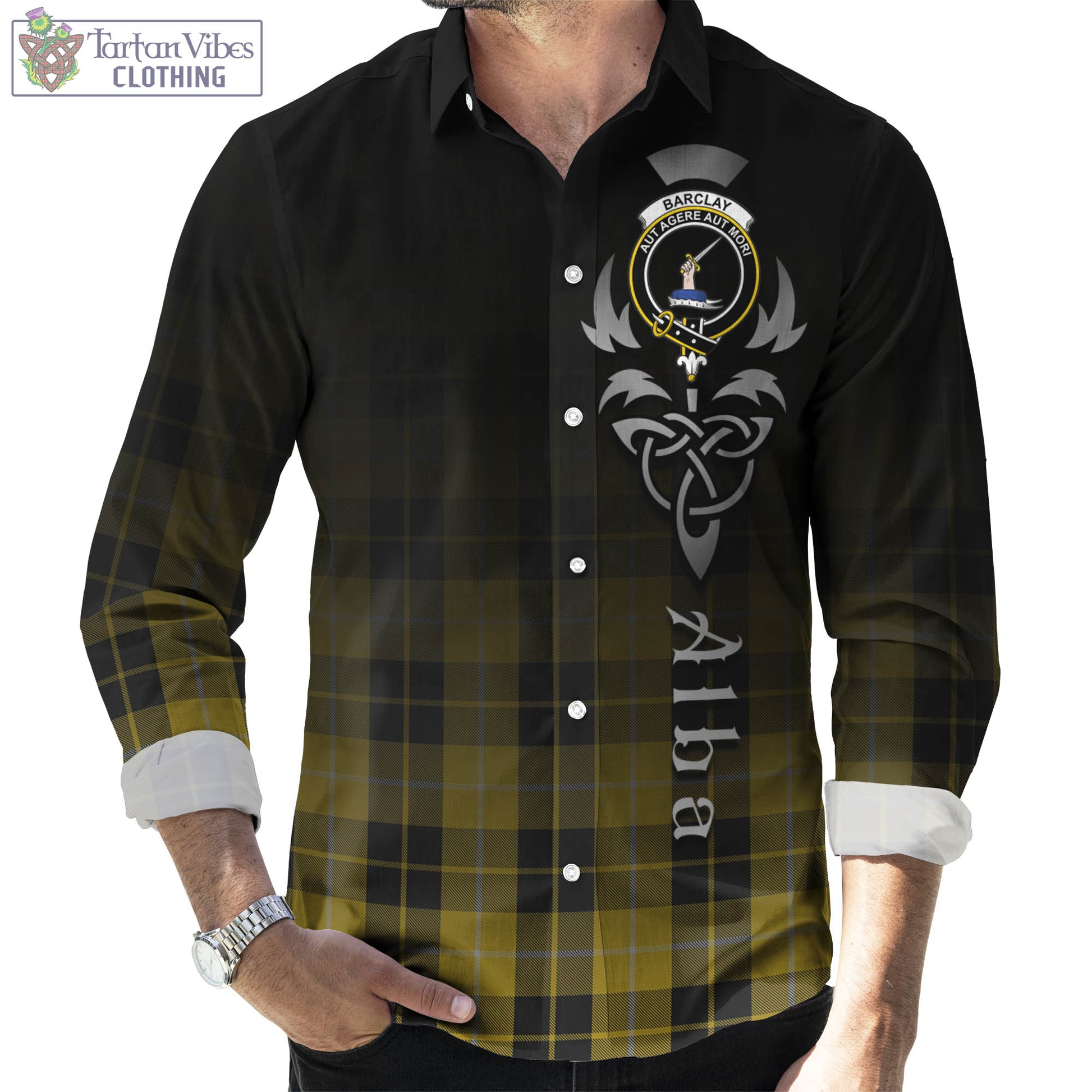 Tartan Vibes Clothing Barclay Dress Tartan Long Sleeve Button Up Featuring Alba Gu Brath Family Crest Celtic Inspired