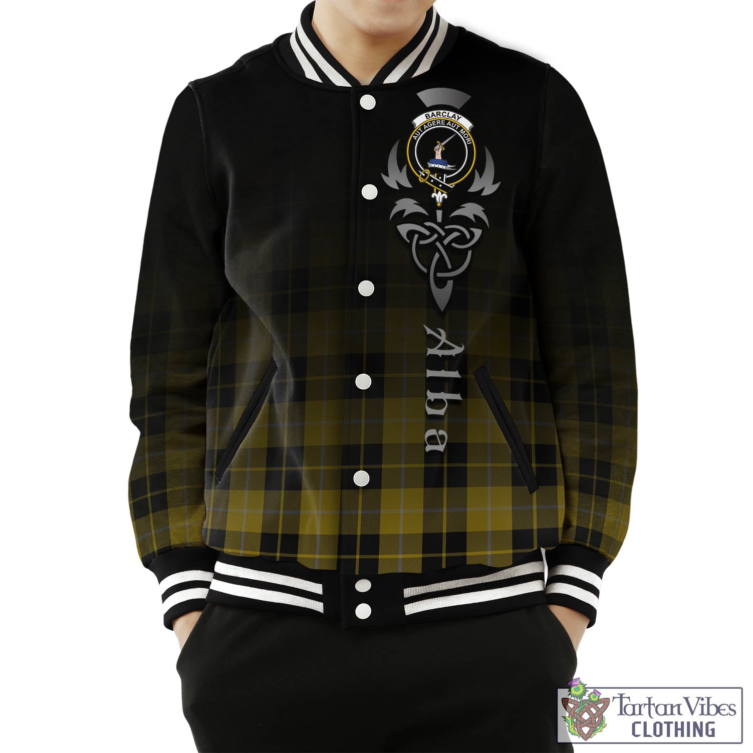 Tartan Vibes Clothing Barclay Dress Tartan Baseball Jacket Featuring Alba Gu Brath Family Crest Celtic Inspired